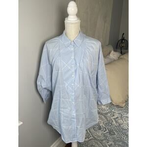 Maeve Anthropologie Blue Windowpane Oversized Cotton Blouse Small Balloon Sleeve